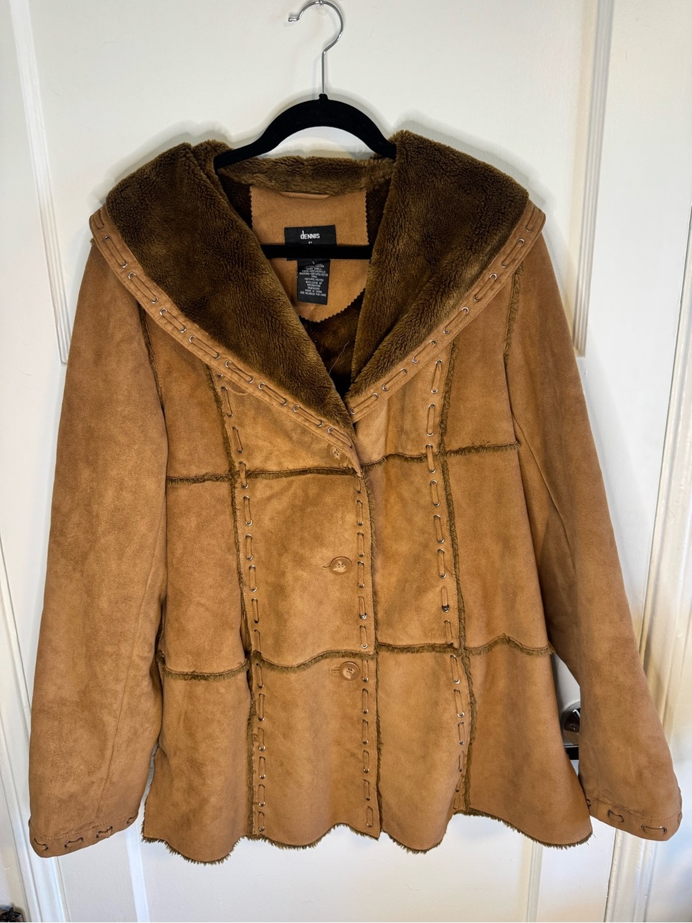 Dennis Basso Brown Faux Suede Shearling Hooded Coat Jacket L